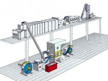 Aluminium-Butzen-Stanzanlage mit Gleitschliff-, Wasch-, Trocknungs- und Bunkeranlage.